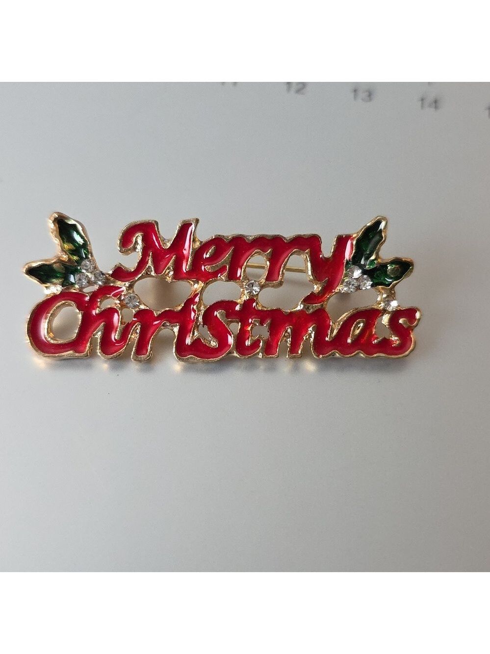 Merry Christmas Pin BROOCH HOLLY LEAVES BLING